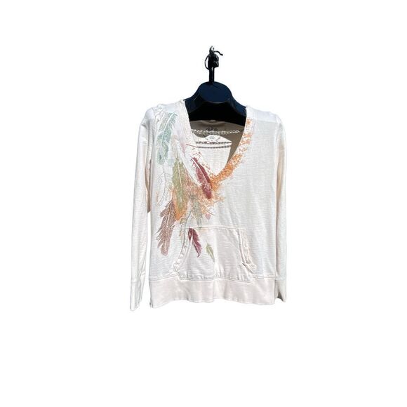 Mudd Cream Brown Burgundy Tan Feather Ling Sleeve V Neckline Size L - Picture 1 of 6